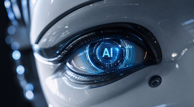Close-Up of Humanoid Robot Face with Glowing AI Text in Eyes