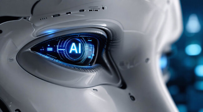 Close-Up of Humanoid Robot Face with Glowing AI Text in Eyes