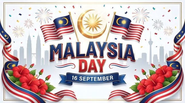 Malaysia Day banner with waving Malaysian flags red hibiscus flowers crescent moon and skyline silhouette