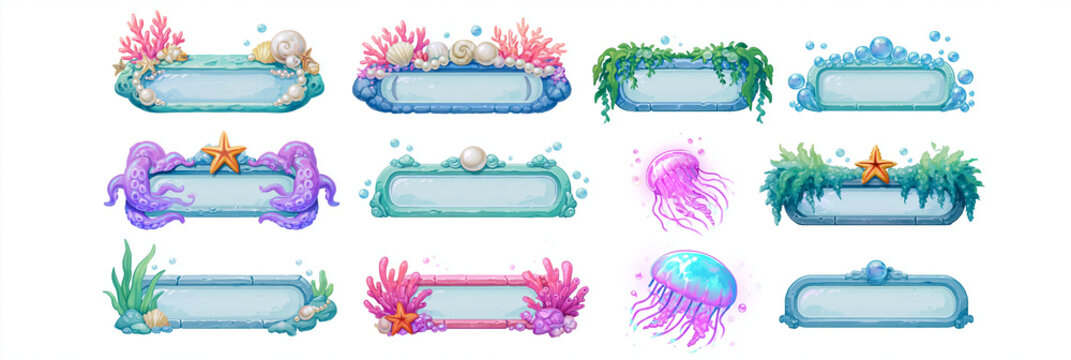 Colorful underwater frames featuring marine elements like corals and jellyfish.