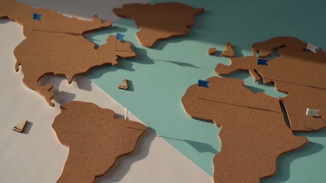 An aesthetic cork world map set against a two-toned background. A hand adorned with several silver rings places small wooden boat miniatures, one by one, onto the Atlantic Ocean area, 