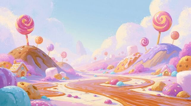 Whimsical candyland scene with colorful trees and rolling hills under a bright sky.