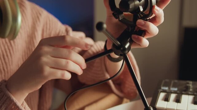 Hands attach shock mount, tighten elastic suspension, and position tripod legs on desk beside keyboard and braided cable, with warm directional light, soft blur, and shallow depth, with microphone