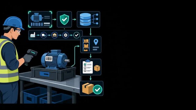 Industrial worker scanning electric motor barcode with animated
