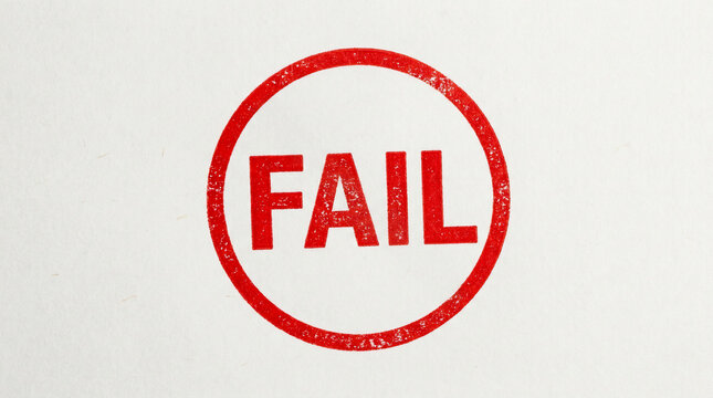 Red fail stamp mark on white paper quality control assessment
