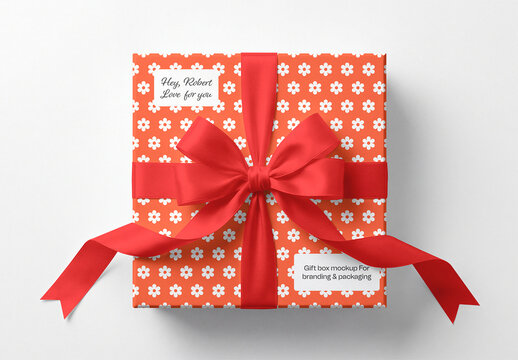 Red Ribbon Gift Box Mockup