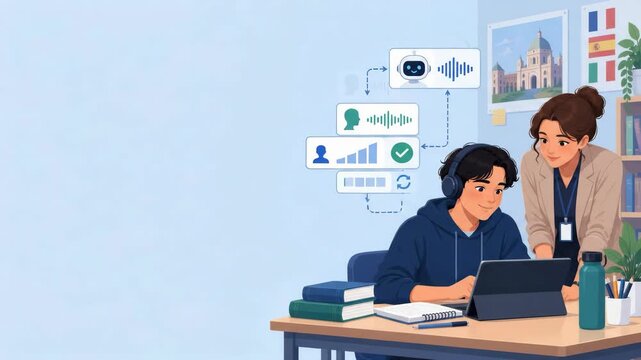 Students learning languages with AI technology on tablet with voice