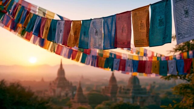 Colorful prayer flags flutter over ancient temple silhouette sunrise, spiritual misty landscape with peaceful calm and vibrant
