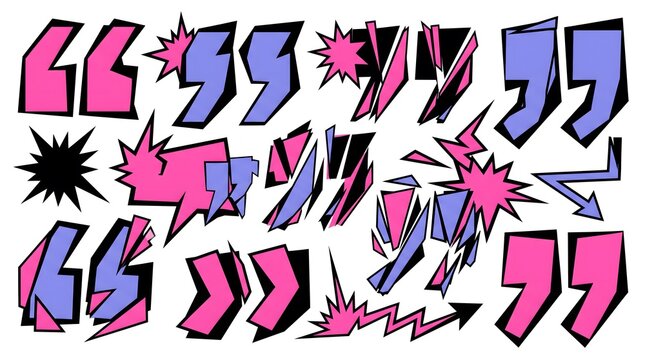 Vibrant Comic Style Abstract Quotation Marks Collection Featuring Explosive Graphic Elements and Dynamic Shapes for Creative Typography Design