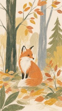Illustrated fox in autumn forest, perfect for mobile wallpaper.