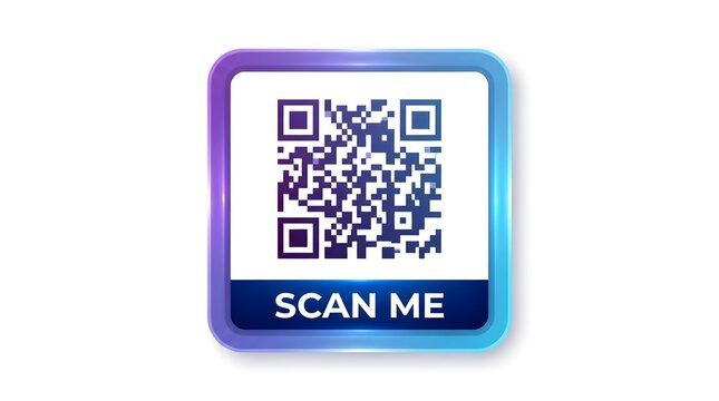 QR code frame with scan me text and purple cyan gradient glossy badge design