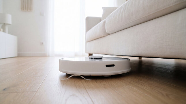 Robot vacuum cleaning wood floor beside modern sofa