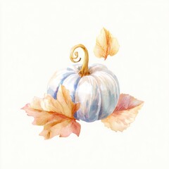 Obraz premium Watercolor pumpkin with autumn leaves illustration.