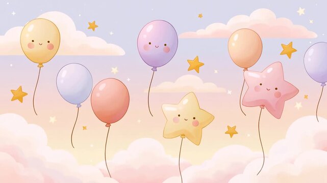 Cute pastel balloon with smiling face and star shape floating gently among soft clouds in dreamy sky full of cute smiles