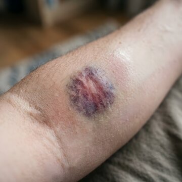 Close-up photo of a fresh bruise on human skin, hyper-realistic texture, realistic discoloration with hints of purple, blue, and faint red around the edges