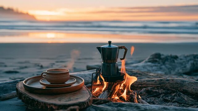 Coffee cup and pot wooden tray by campfire beach during sunset with steaming hot beverage and firewood outdoors nature relaxation