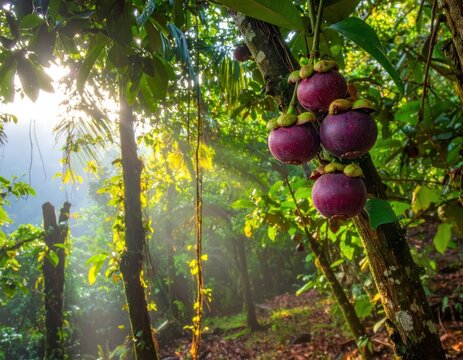 Mangosteen fruits on tree branch with sunlight rays.