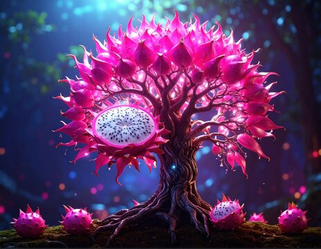 Magical dragon fruit tree glowing in fantasy forest night.