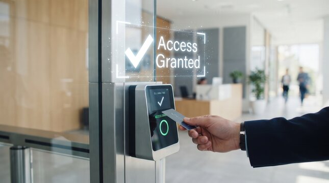 Hand holding digital key card to security scanner at office entrance with Access Granted interface, capturing high-tech authentication and facility management for corporate safety marketing.