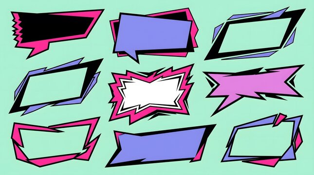 Set of Colorful Geometric Comic Speech Bubbles with Sharp Edges and Bold Outlines for Dynamic Graphic Design and Vibrant Visual Storytelling Elements