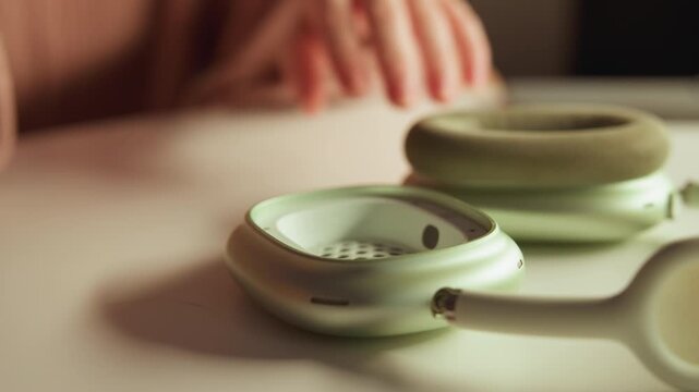 Close-up eye-level view of detached over-ear headphone with removed ear cushion and torn fabric revealing foam padding and exposed inner speaker grill while blurred hands move softly in background
