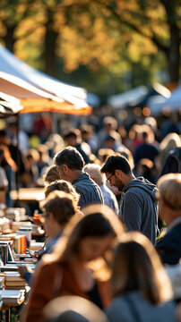 Aerial view of a vibrant autumn outdoor book fair celebration with people gathered in a scenic park faces out of frame in the blurred crowd bright clean outdoor backdrop
