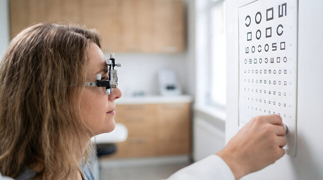 Woman Undergoing Visual Acuity Eye Test with Trial Frame in Optometry Clinic