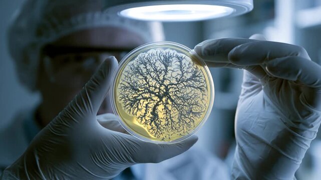 Gloved scientist in laboratory holding petri dish with bacterial culture under bright light showing detailed growth