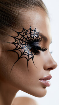 Profile close up of a woman wearing geometric spiderweb eye makeup for halloween face turned to the side and partially out of frame bright clean well lit background fine