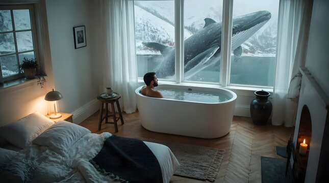 Man bathes in tub as whale swims by large window