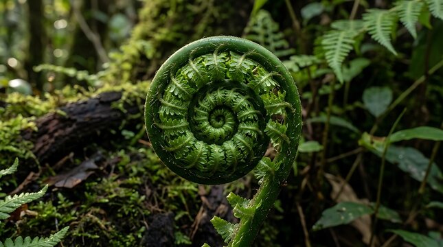 Green fern fiddlehead unfurling in a lush tropical forest