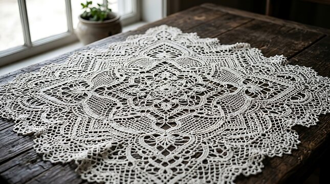 Vintage white lace doily on dark rustic wooden table