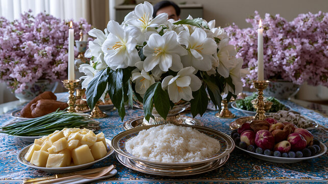 traditional persian nowruz table setting with hyacinth flowers colored eggs and sweets, cultural spring festival celebration concept