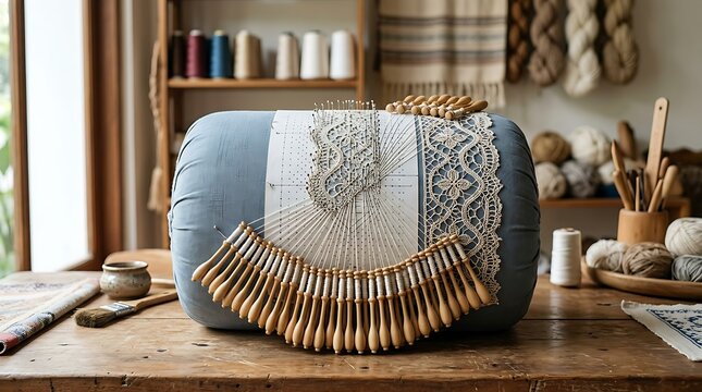 Traditional bobbin lace making on wooden table
