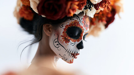 Naklejka premium Profile portrait of a young woman disguised for halloween as a catrina face turned to the side and softly out of focus bright clean well lit background intricate floral skull