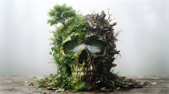 Skull formed by lush green foliage and dark branches against a muted background