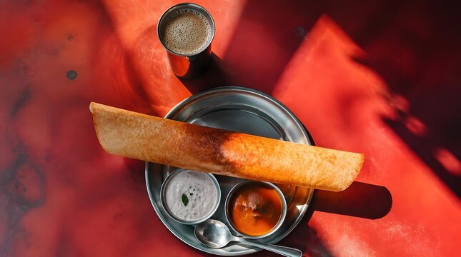 Savory crepe with dips and beverage overhead view