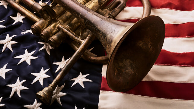 Antique brass horn placed on the stars and stripes of a United States flag, close-up still life symbolizing the musical traditions of a New Orleans jazz funeral and ceremonial fare