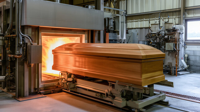 Side view of a polished wooden casket positioned at the entrance of an industrial cremation furnace, bright heat illuminating the chamber while the coffin rests on a mechanical loa