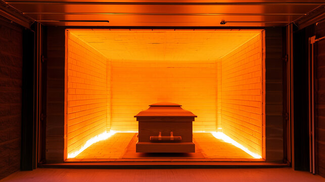 Front view of a wooden coffin positioned deep inside a glowing cremation chamber, intense orange furnace light illuminating brick-lined walls around the casket in a modern cremator