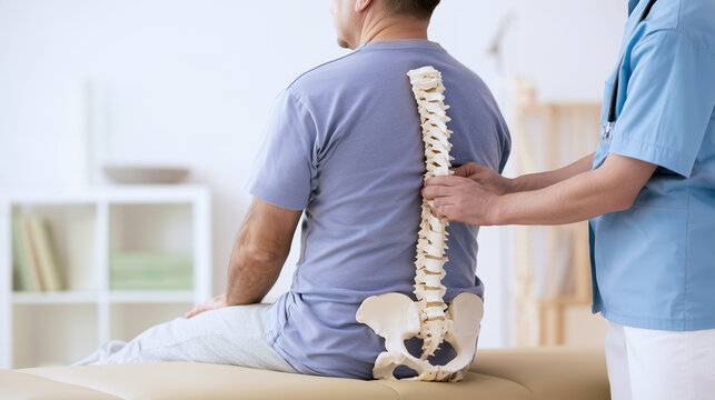 Rear view of a male patient sitting upright on a treatment table while a physiotherapist holds an anatomical spine model beside his back, comparing vertebral alignment during a cli