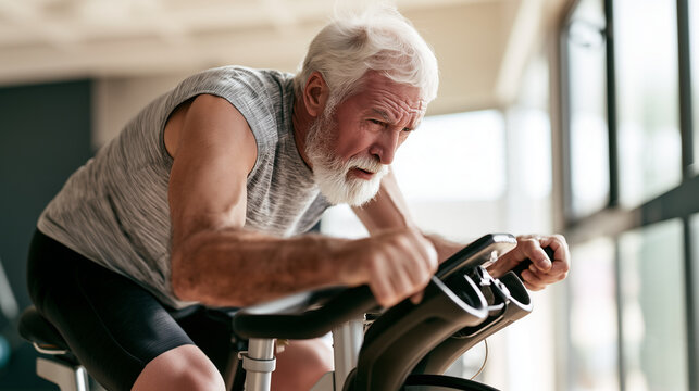 Dynamic close-up of an older adult man riding an indoor exercise bike, leaning forward over the handlebars while training intensely in a bright fitness space, mature athlete, senio