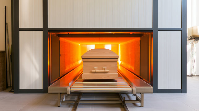 Wooden coffin entering a modern cremation chamber on a metal conveyor platform, intense orange furnace light glowing behind the casket inside a clean crematorium facility, crematio