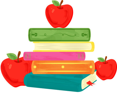 Watercolor Illustration of Books and Red Apples