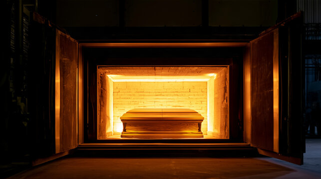 Centered view through the open doorway of an industrial crematory furnace with a polished wooden casket resting inside the brightly heated brick chamber, strong amber glow contrast