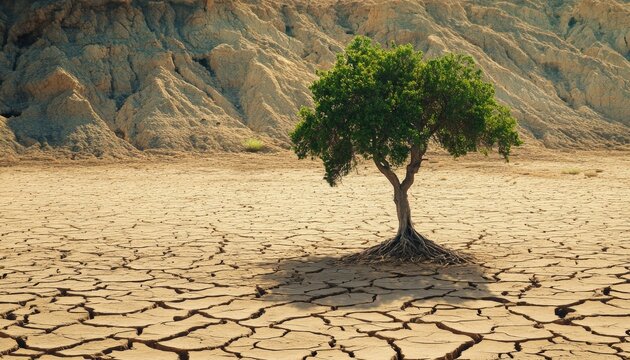 Lonely tree standing resilient on cracked dry earth in a barren landscape under a blue sky
