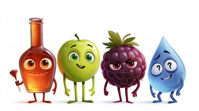 Bunte Cartoonfiguren aus Obst und Getr&auml;nk, freundliche Charaktere, illustrativer Stil, geeignet f&uuml;r Verpackungsdesign und Kinderprodukte.