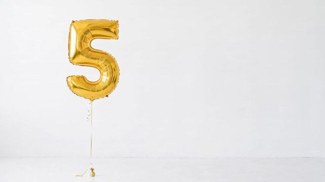 Large gold number five helium balloon floating against a clean white background with generous copy space, ideal for fifth birthday, anniversary, milestone and celebration concepts.