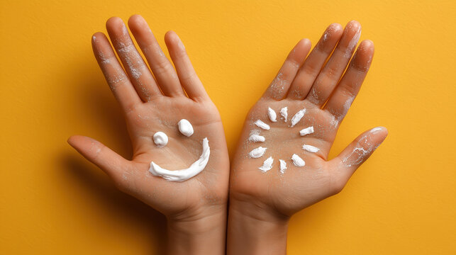 Hands of a person displaying playful white paint designs on a vibrant yellow background, featuring a smiley face and sun, symbolizing creativity and joy in artistic expression