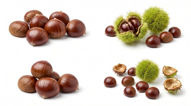 Fresh raw brown chestnuts with green prickly burrs